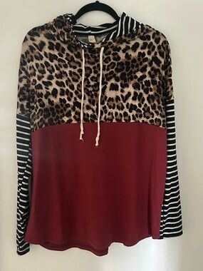 Flamingo Leopard & White Black Stripe Hooded Long Sleeve Pullover
